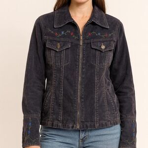 Vintage Y2K 2000s retro Dark blue denim jacket with embroidered flowers